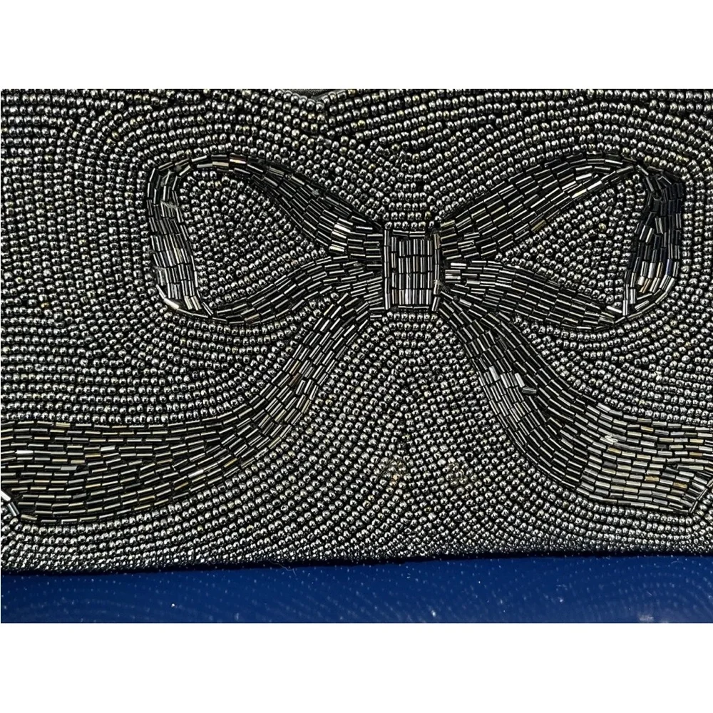La Regale Black Beaded Purse Evening Bag Clutch Gray Bow Vintage 50s 60s Japan